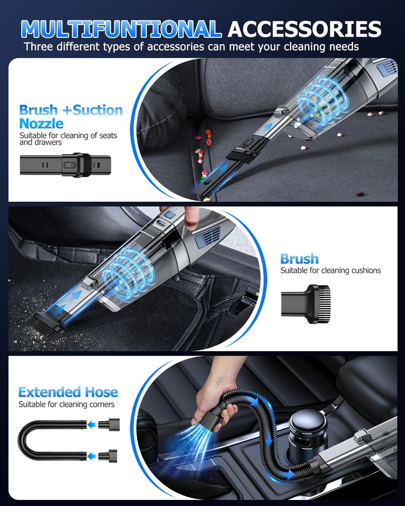 BQYPOWER Handheld Vacuum Cordless, 16000PA Strong Suction Hand Held Vacuum Dust Busters Cordless Rechargeable with Multiple Accessories, Portable Car Vacuum Cleaner High Power for Car Home Office - Image 3